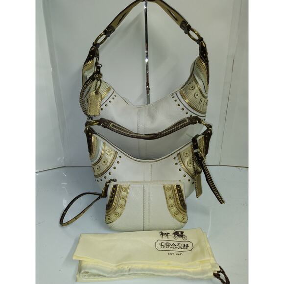 Coach Set of 3 Bags - Soho White Leather Stitched Grommet Studded Hobo Purses - Picture 2 of 12